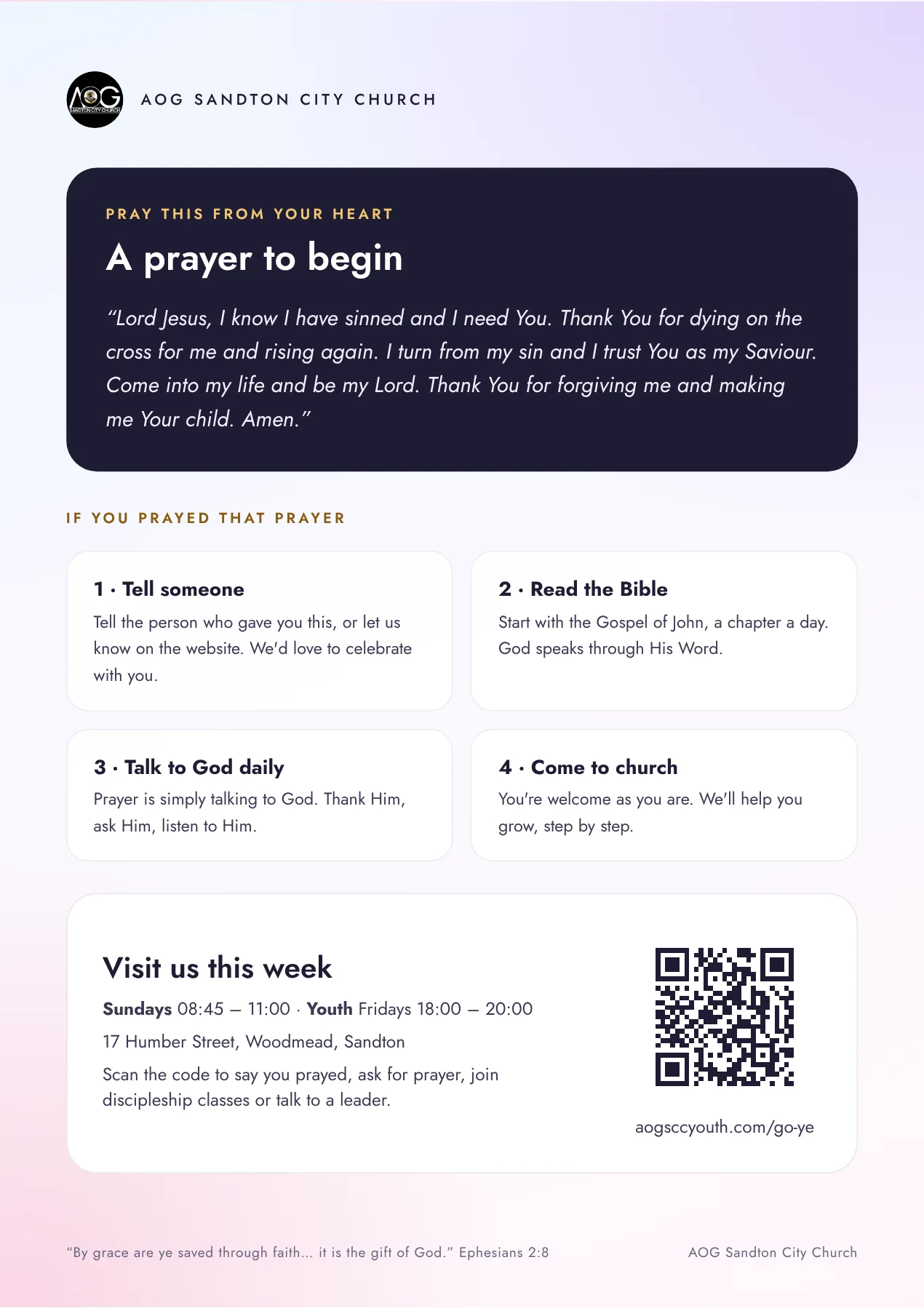 A prayer to begin, next steps if you prayed, and how to visit AOG Sandton City Church