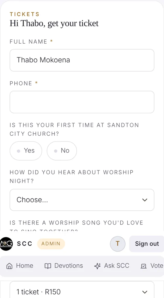 Screenshot: Fill in and tap Get Ticket