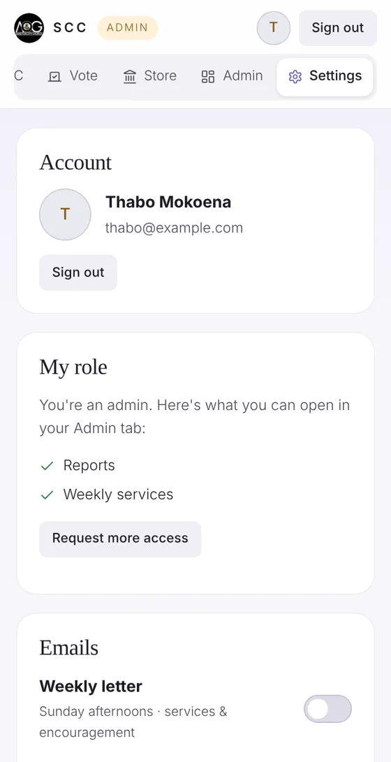 Screenshot: Settings and signing out