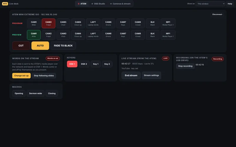 Live desk controlling an ATEM switcher: program and preview buttons, Cut, Auto, words on the stream, live stream and recording